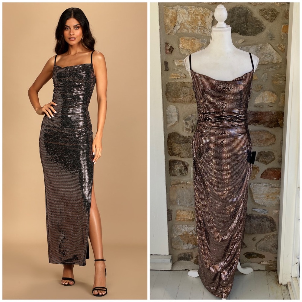 NWT Lulus Glow Goals Sequin Maxi Dress in Gold Womens Large